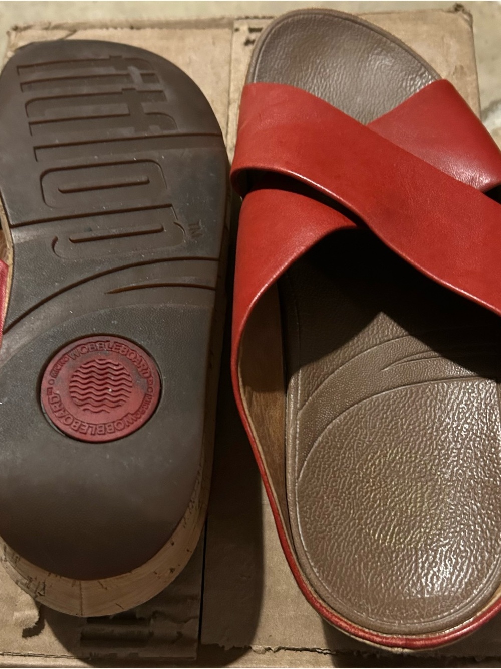 FitFlop Women’s Red Crossover Slide Sandals with Brown Footbed - Picture 2 of 3